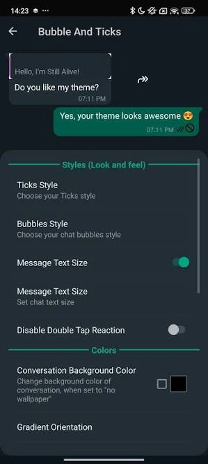 GB WhatsApp bubble and ticks settings screen